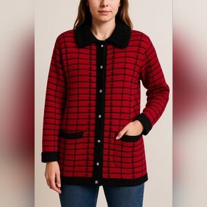 ✨ Vintage Great Cavalier Wool Knit Coatigan Jacket – Red & Black – Size S